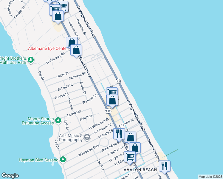 map of restaurants, bars, coffee shops, grocery stores, and more near 206 E Helga St in Kill Devil Hills