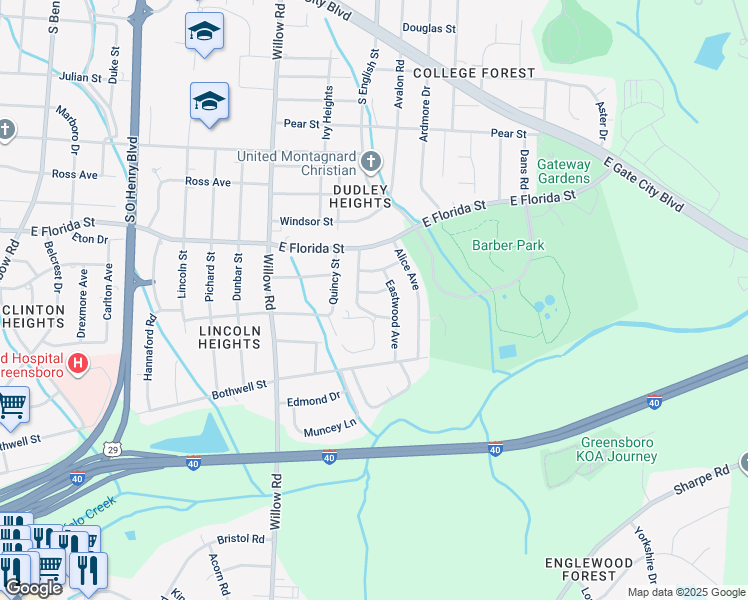 map of restaurants, bars, coffee shops, grocery stores, and more near 2204 Dinsmore Street in Greensboro