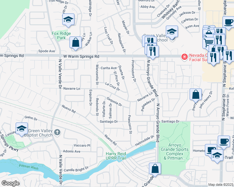 map of restaurants, bars, coffee shops, grocery stores, and more near 352 El Pico Drive in Henderson