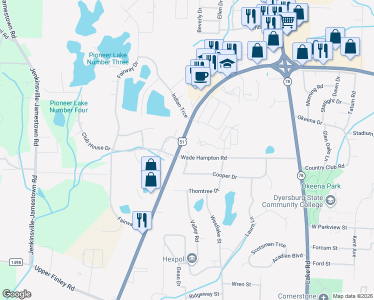 map of restaurants, bars, coffee shops, grocery stores, and more near 7 Hampton Place in Dyersburg