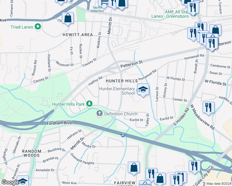 map of restaurants, bars, coffee shops, grocery stores, and more near 1400 Merritt Drive in Greensboro