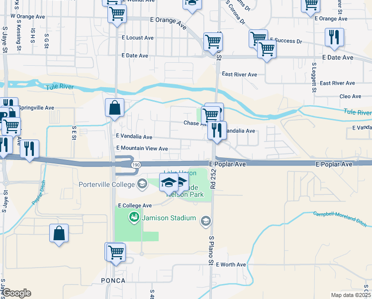 map of restaurants, bars, coffee shops, grocery stores, and more near 754 South Roche Street in Porterville