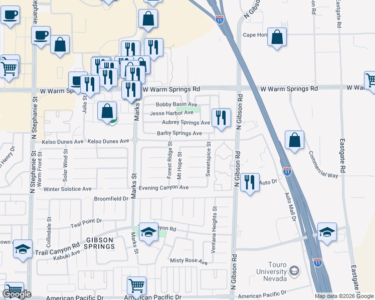 map of restaurants, bars, coffee shops, grocery stores, and more near 1155 Point Success Avenue in Henderson