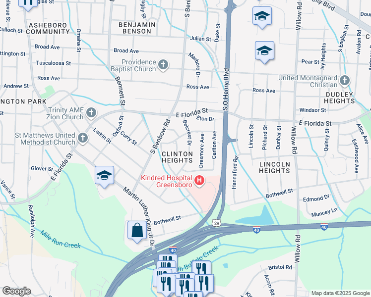map of restaurants, bars, coffee shops, grocery stores, and more near 1910 Belcrest Drive in Greensboro