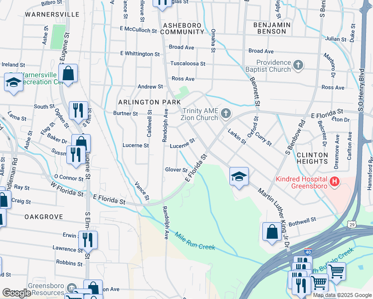 map of restaurants, bars, coffee shops, grocery stores, and more near 1414 Plymouth Street in Greensboro