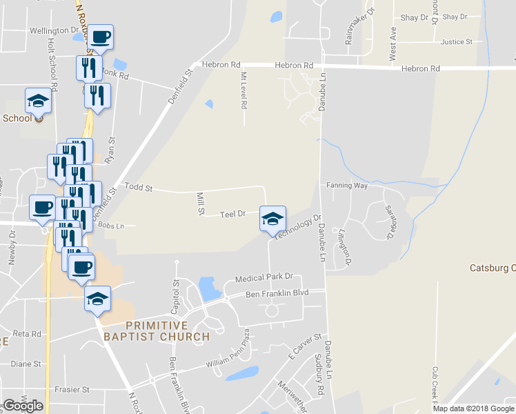 map of restaurants, bars, coffee shops, grocery stores, and more near 204 Teel Drive in Durham