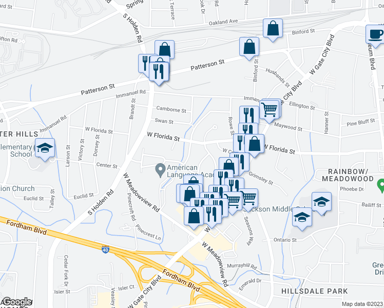 map of restaurants, bars, coffee shops, grocery stores, and more near 2707 Belmar Street in Greensboro