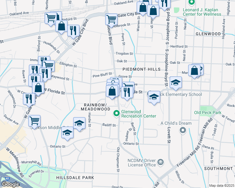 map of restaurants, bars, coffee shops, grocery stores, and more near 1911 South Chapman Street in Greensboro