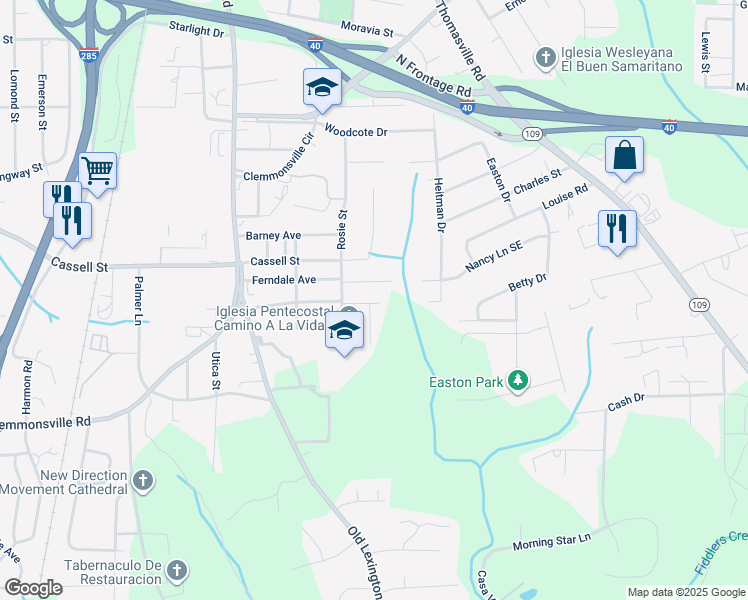 map of restaurants, bars, coffee shops, grocery stores, and more near 917 Cranford Street Southeast in Winston-Salem