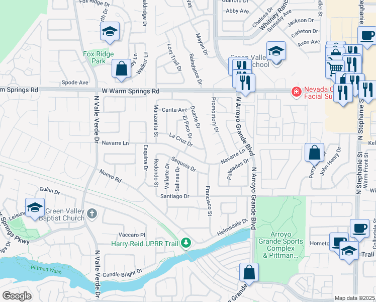 map of restaurants, bars, coffee shops, grocery stores, and more near 352 El Pico Drive in Henderson