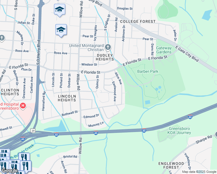 map of restaurants, bars, coffee shops, grocery stores, and more near 2204 Dinsmore Street in Greensboro
