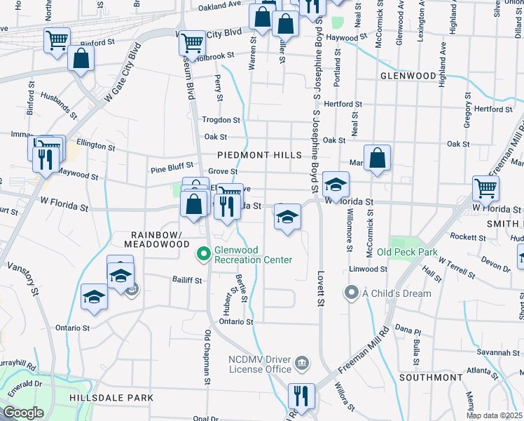 map of restaurants, bars, coffee shops, grocery stores, and more near in Greensboro
