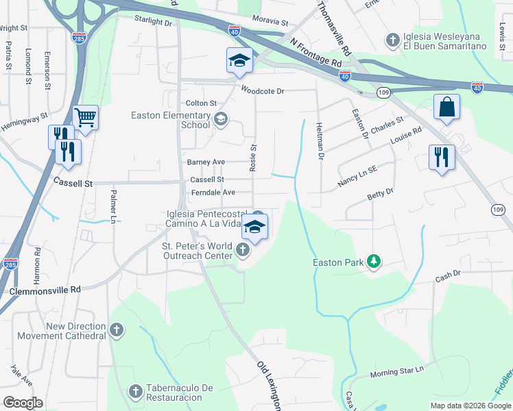 map of restaurants, bars, coffee shops, grocery stores, and more near 916 Ferndale Avenue in Winston-Salem