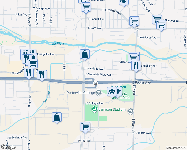 map of restaurants, bars, coffee shops, grocery stores, and more near 85 East Mountain View Avenue in Porterville