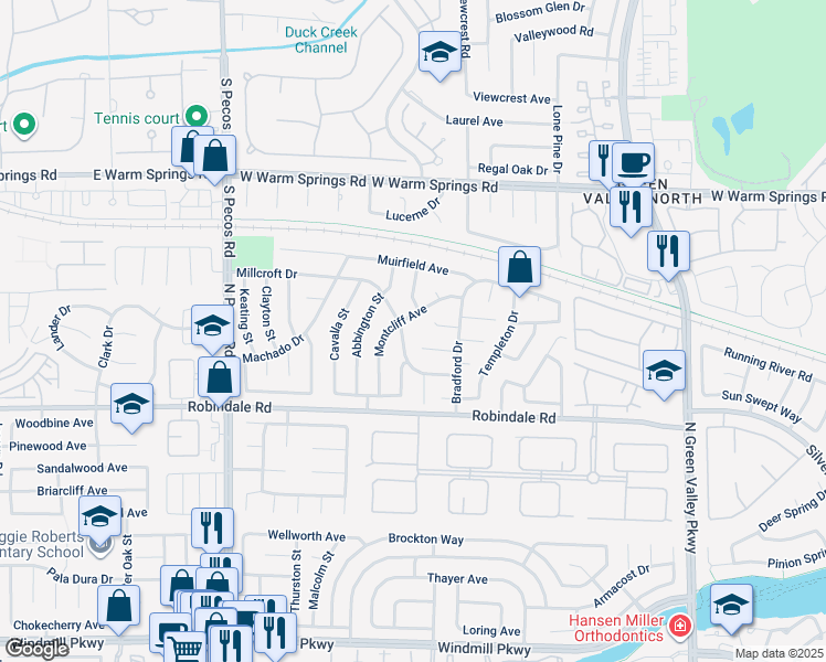 map of restaurants, bars, coffee shops, grocery stores, and more near 2394 Millcroft Drive in Henderson