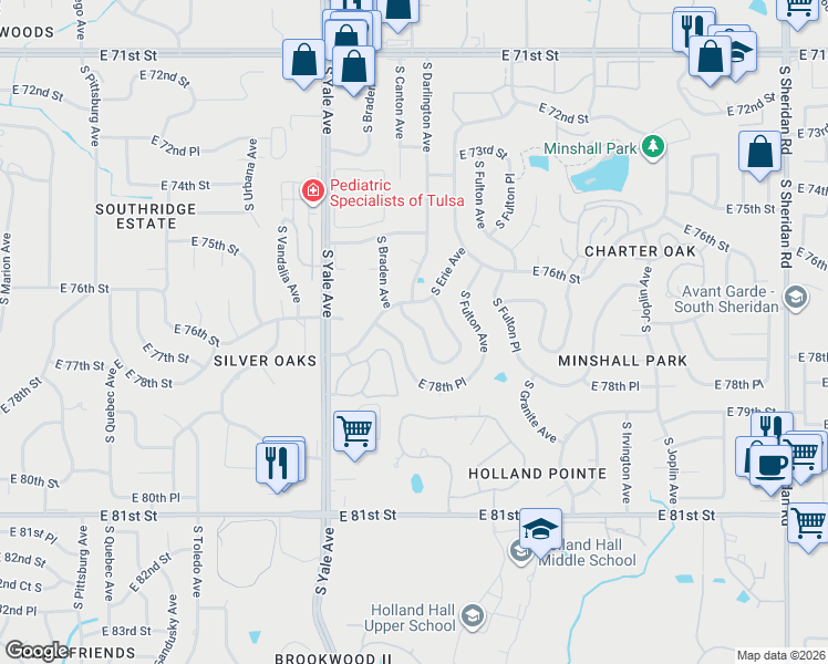 map of restaurants, bars, coffee shops, grocery stores, and more near 7703 South Canton Avenue in Tulsa