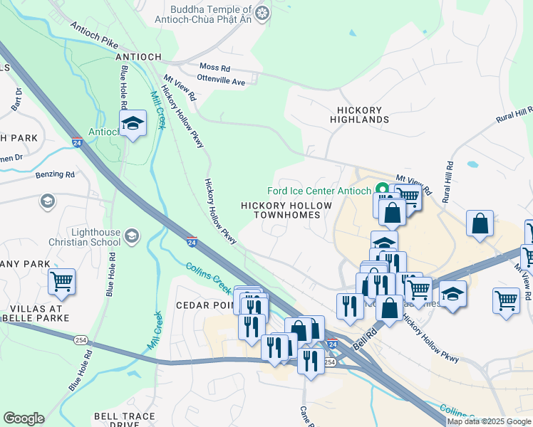 map of restaurants, bars, coffee shops, grocery stores, and more near 127 Hickory Hollow Parkway in Nashville
