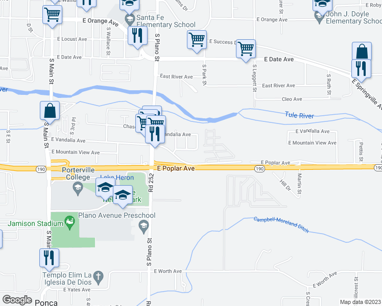 map of restaurants, bars, coffee shops, grocery stores, and more near 571 East Mountain View Avenue in Porterville