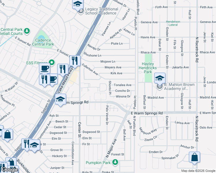 map of restaurants, bars, coffee shops, grocery stores, and more near 1120 Shonto Place in Henderson