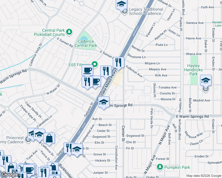 map of restaurants, bars, coffee shops, grocery stores, and more near 830 Dinkledorf Road in Henderson