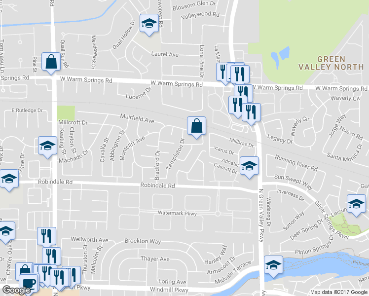 map of restaurants, bars, coffee shops, grocery stores, and more near 2325 Fairbourne Way in Henderson