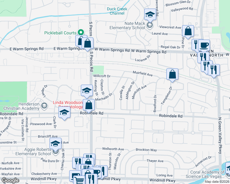 map of restaurants, bars, coffee shops, grocery stores, and more near 2515 Machado Drive in Henderson