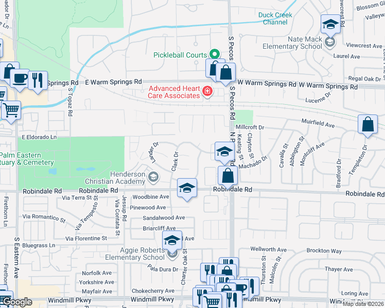 map of restaurants, bars, coffee shops, grocery stores, and more near 360 Clark Drive in Henderson