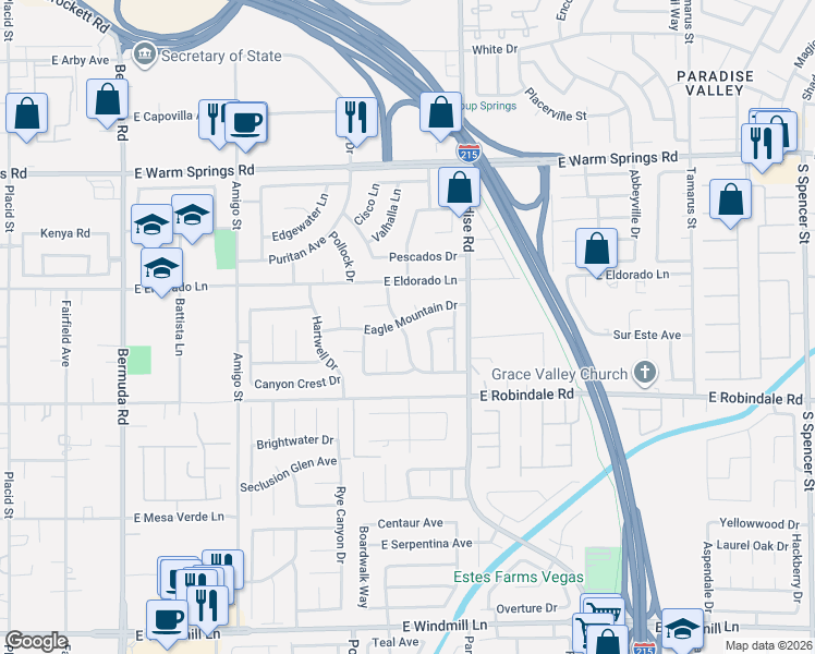 map of restaurants, bars, coffee shops, grocery stores, and more near 7551 Pearwood Court in Las Vegas