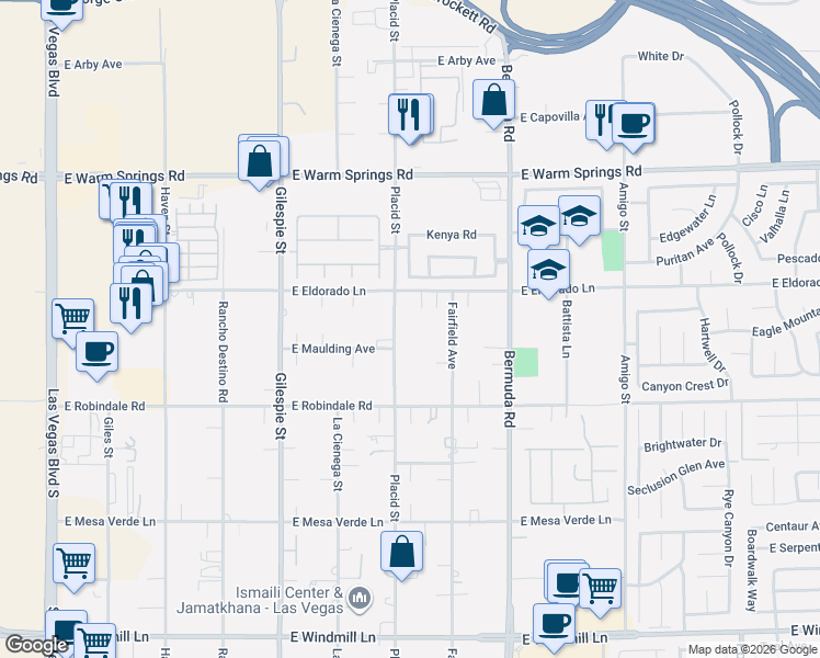 map of restaurants, bars, coffee shops, grocery stores, and more near 7564 Placid Street in Las Vegas