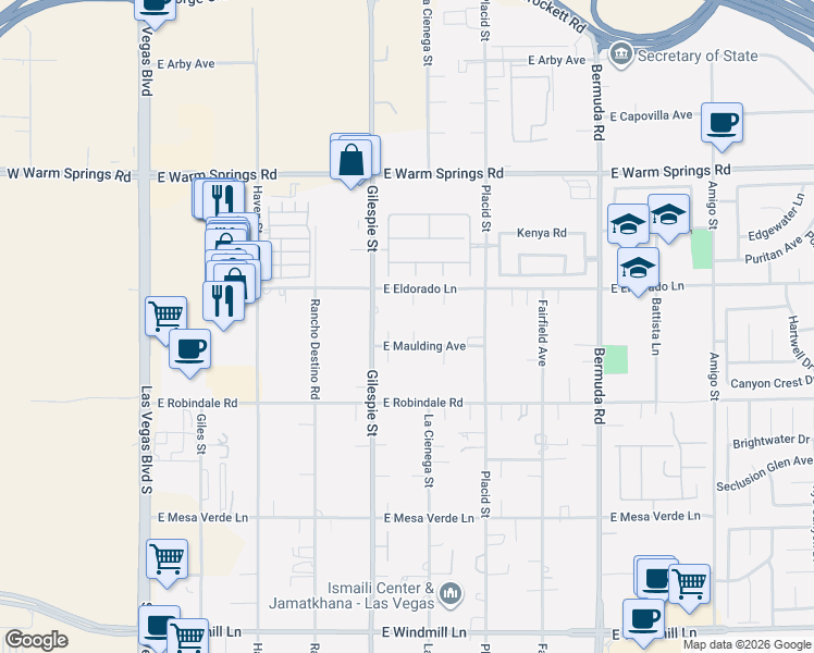 map of restaurants, bars, coffee shops, grocery stores, and more near 7538 Gilespie Street in Las Vegas