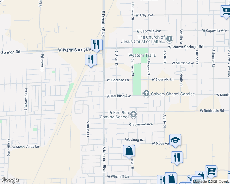 map of restaurants, bars, coffee shops, grocery stores, and more near 7560 South Ullom Drive in Las Vegas
