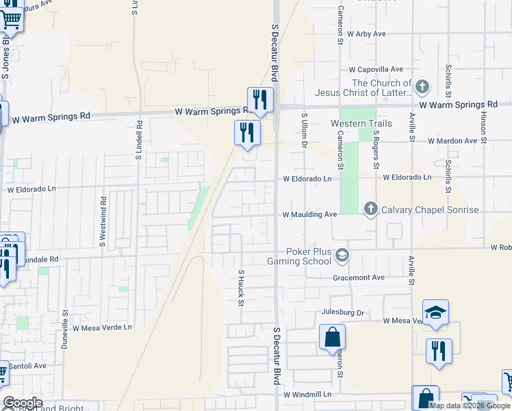map of restaurants, bars, coffee shops, grocery stores, and more near 7542 South Desert Lupine Street in Las Vegas