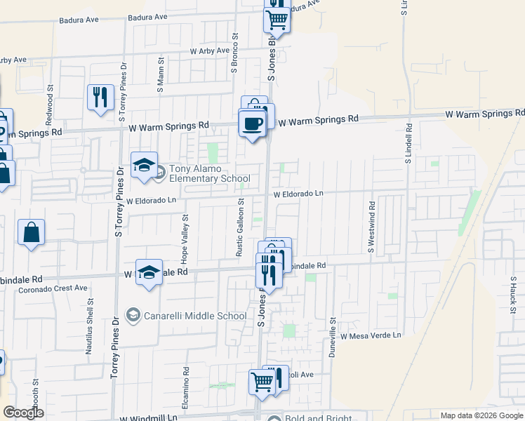 map of restaurants, bars, coffee shops, grocery stores, and more near 6106 Squil Chuck Court in Las Vegas