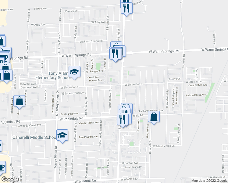 map of restaurants, bars, coffee shops, grocery stores, and more near 6106 Squil Chuck Court in Las Vegas
