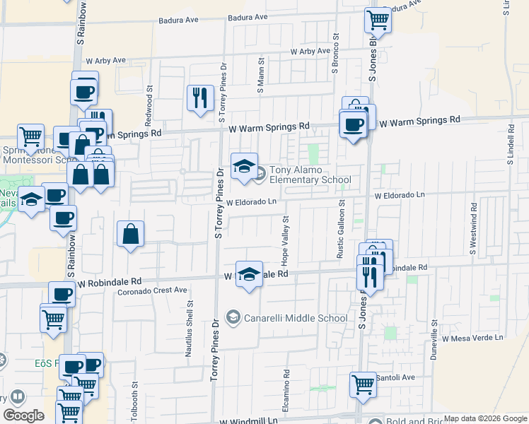 map of restaurants, bars, coffee shops, grocery stores, and more near 6377 West Eldorado Lane in Las Vegas