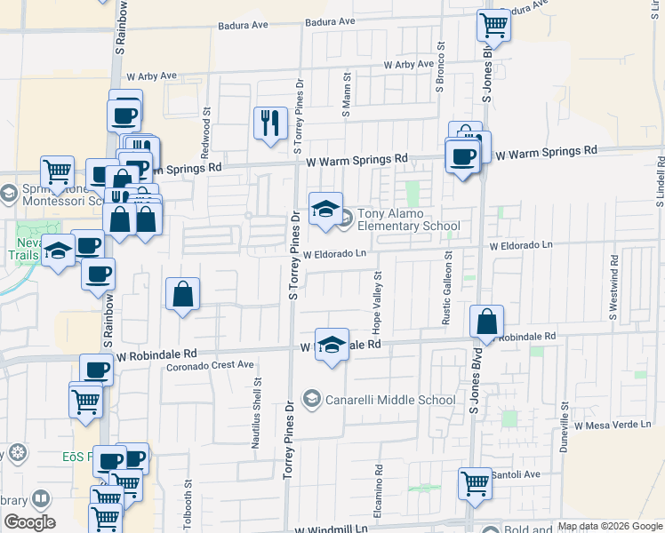 map of restaurants, bars, coffee shops, grocery stores, and more near 6455 West Eldorado Lane in Las Vegas