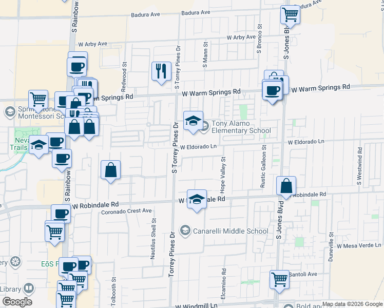map of restaurants, bars, coffee shops, grocery stores, and more near 6455 West Eldorado Lane in Las Vegas