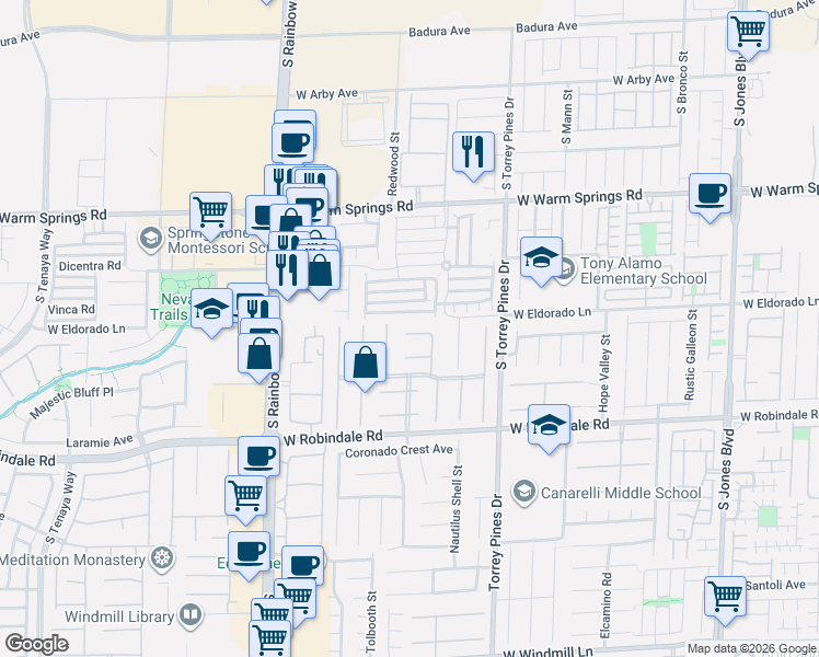 map of restaurants, bars, coffee shops, grocery stores, and more near 6673 Dunraven Avenue in Las Vegas