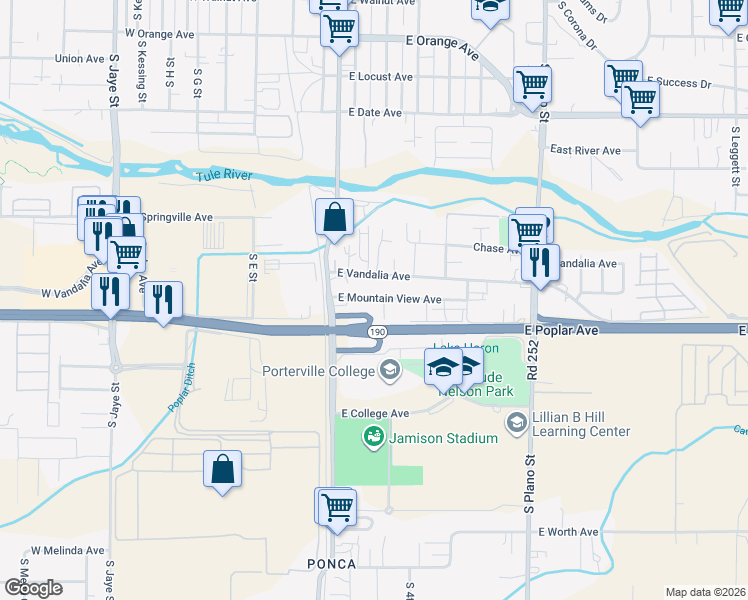 map of restaurants, bars, coffee shops, grocery stores, and more near 135 East Vandalia Avenue in Porterville