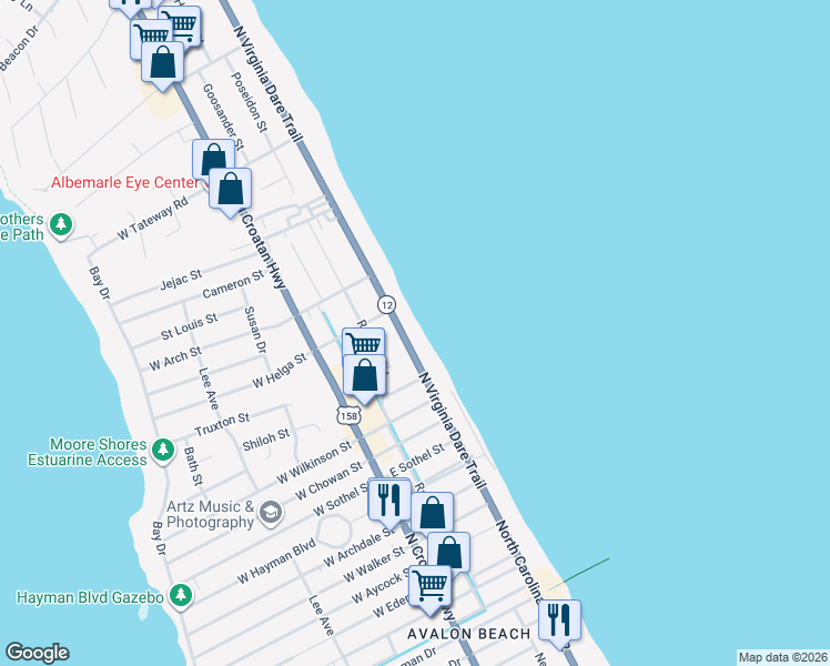 map of restaurants, bars, coffee shops, grocery stores, and more near 3123 North Virginia Dare Trail in Kill Devil Hills