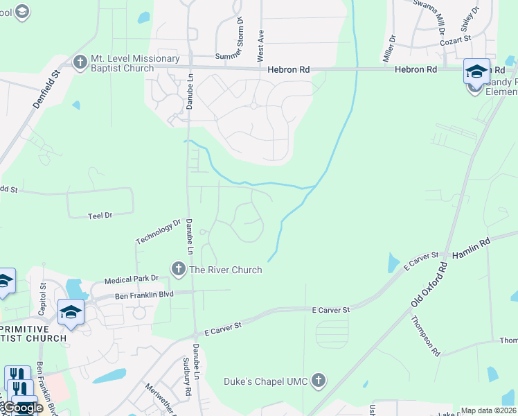 map of restaurants, bars, coffee shops, grocery stores, and more near 4355 Flintlock Lane in Durham