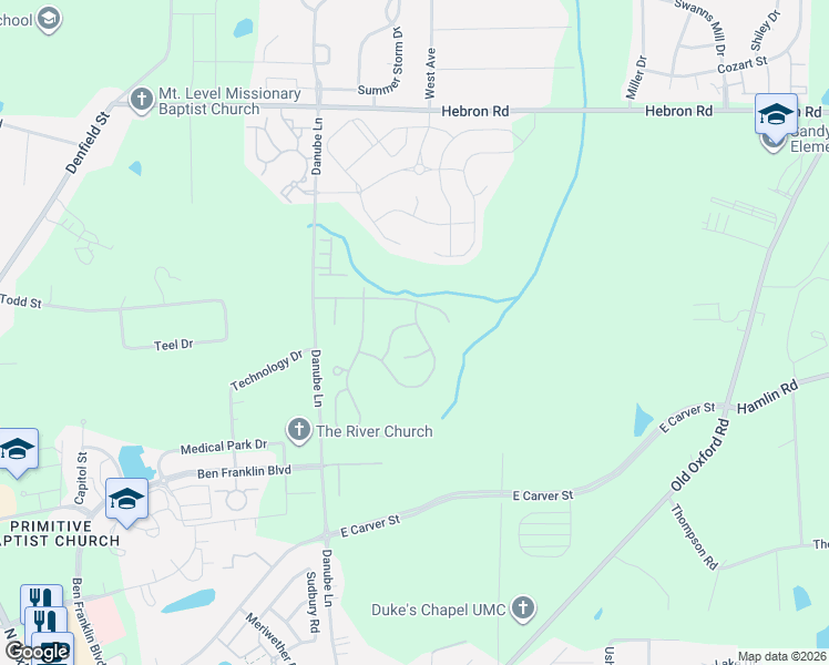 map of restaurants, bars, coffee shops, grocery stores, and more near 4355 Flintlock Lane in Durham