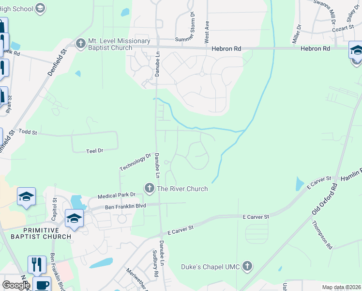map of restaurants, bars, coffee shops, grocery stores, and more near 4310 Lillington Drive in Durham