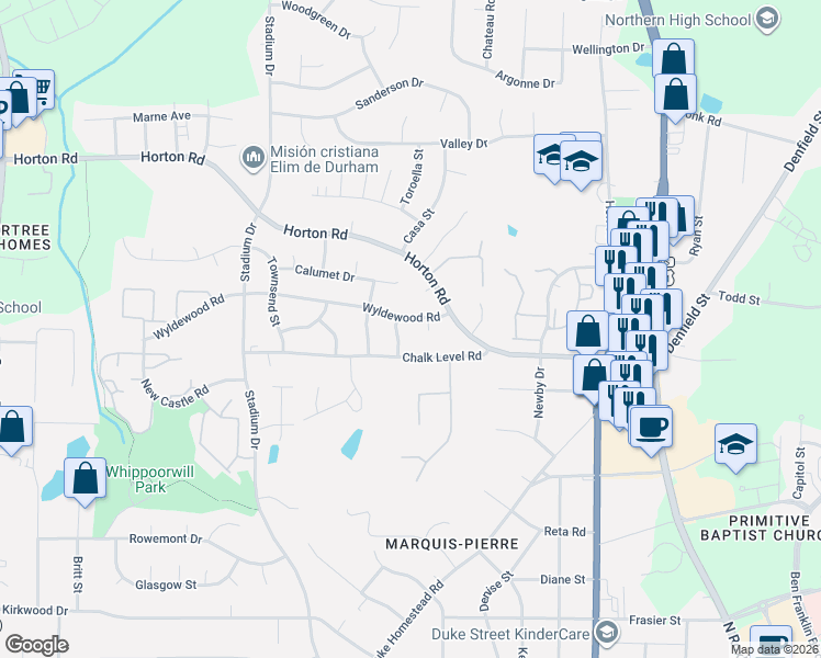 map of restaurants, bars, coffee shops, grocery stores, and more near 900 Wyldewood Road in Durham