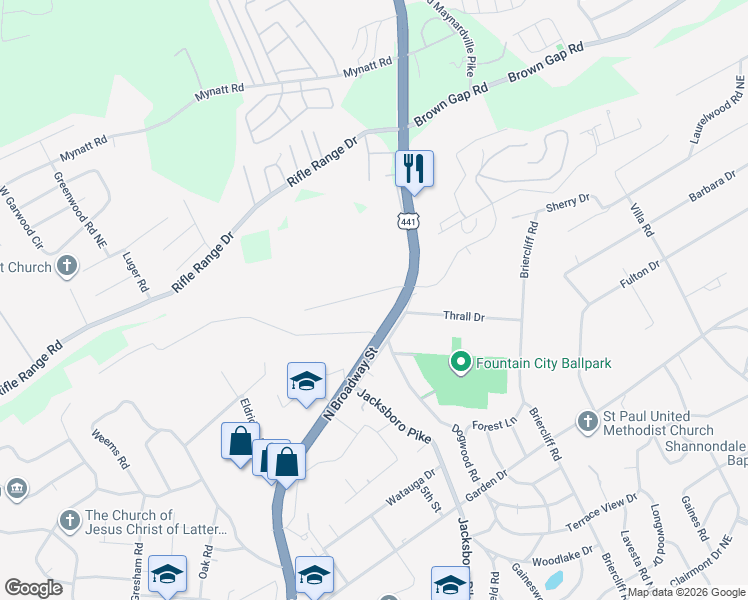 map of restaurants, bars, coffee shops, grocery stores, and more near 6017 North Broadway Street in Knoxville