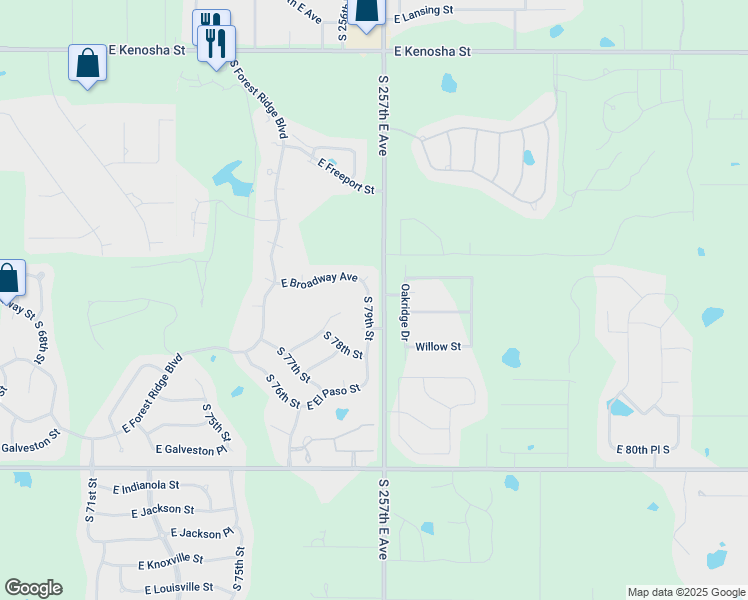 map of restaurants, bars, coffee shops, grocery stores, and more near 100 South 79th Street in Broken Arrow