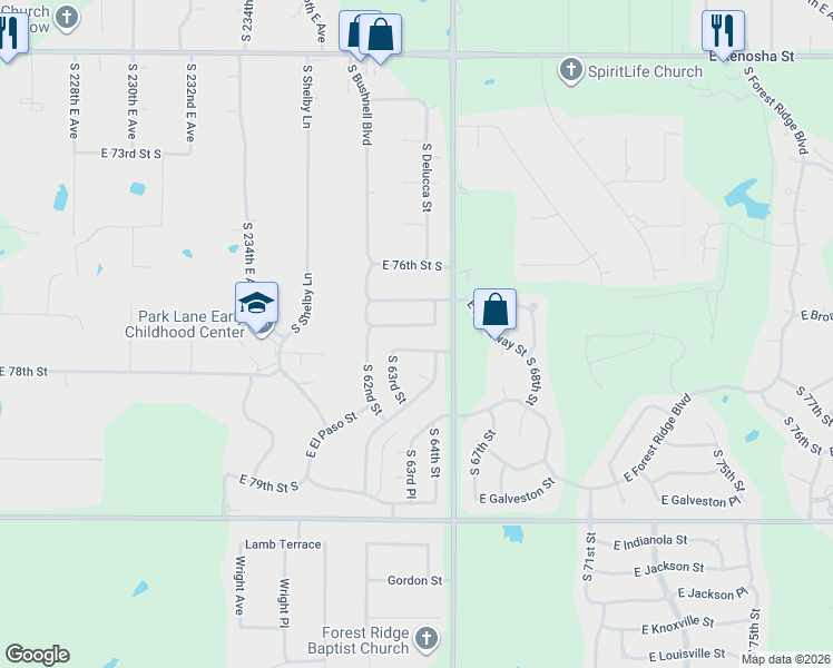 map of restaurants, bars, coffee shops, grocery stores, and more near 6412 East Commercial Street in Broken Arrow