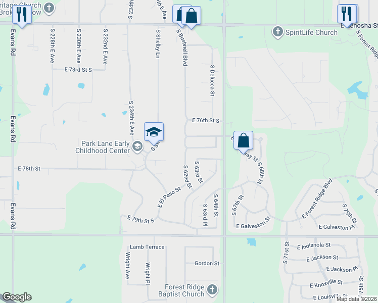 map of restaurants, bars, coffee shops, grocery stores, and more near 6308 East Commercial Street in Broken Arrow