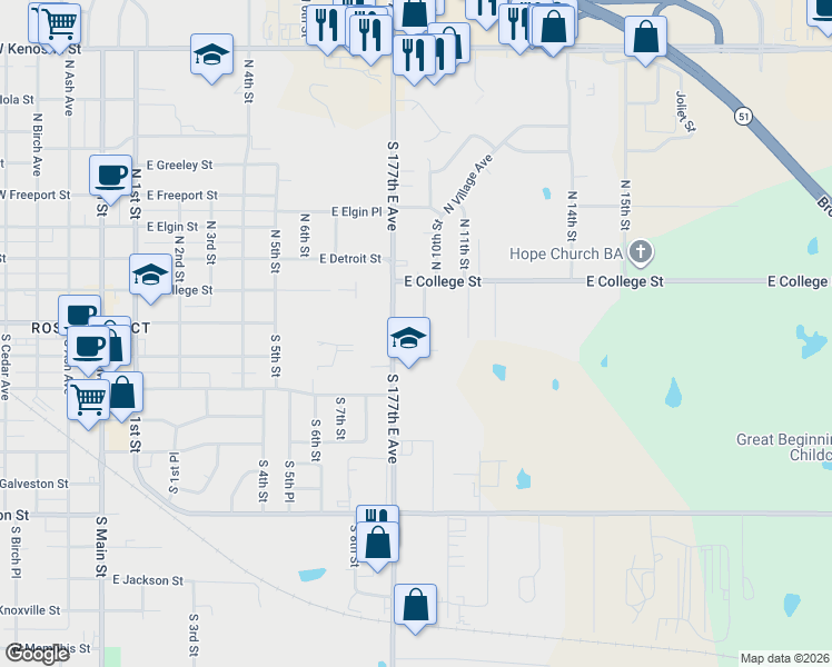 map of restaurants, bars, coffee shops, grocery stores, and more near 1013 Wesley Drive in Broken Arrow