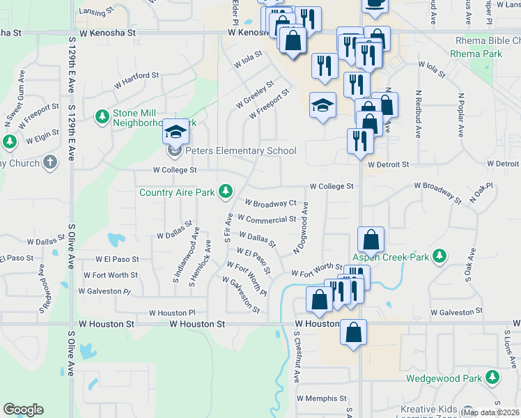 map of restaurants, bars, coffee shops, grocery stores, and more near 2604 West Broadway Street in Broken Arrow